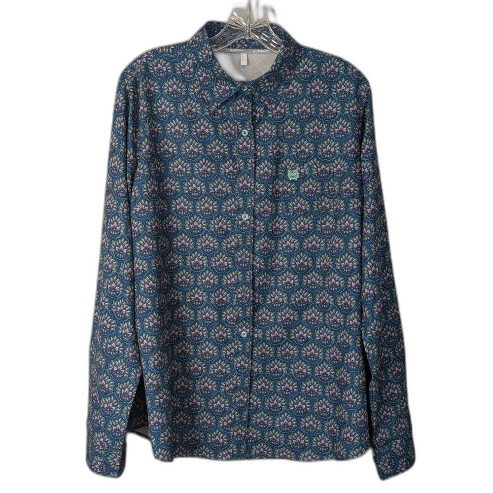 Cinch Women's LARGE Areanflex Shirt Geometric Floral Teal Button Down Western